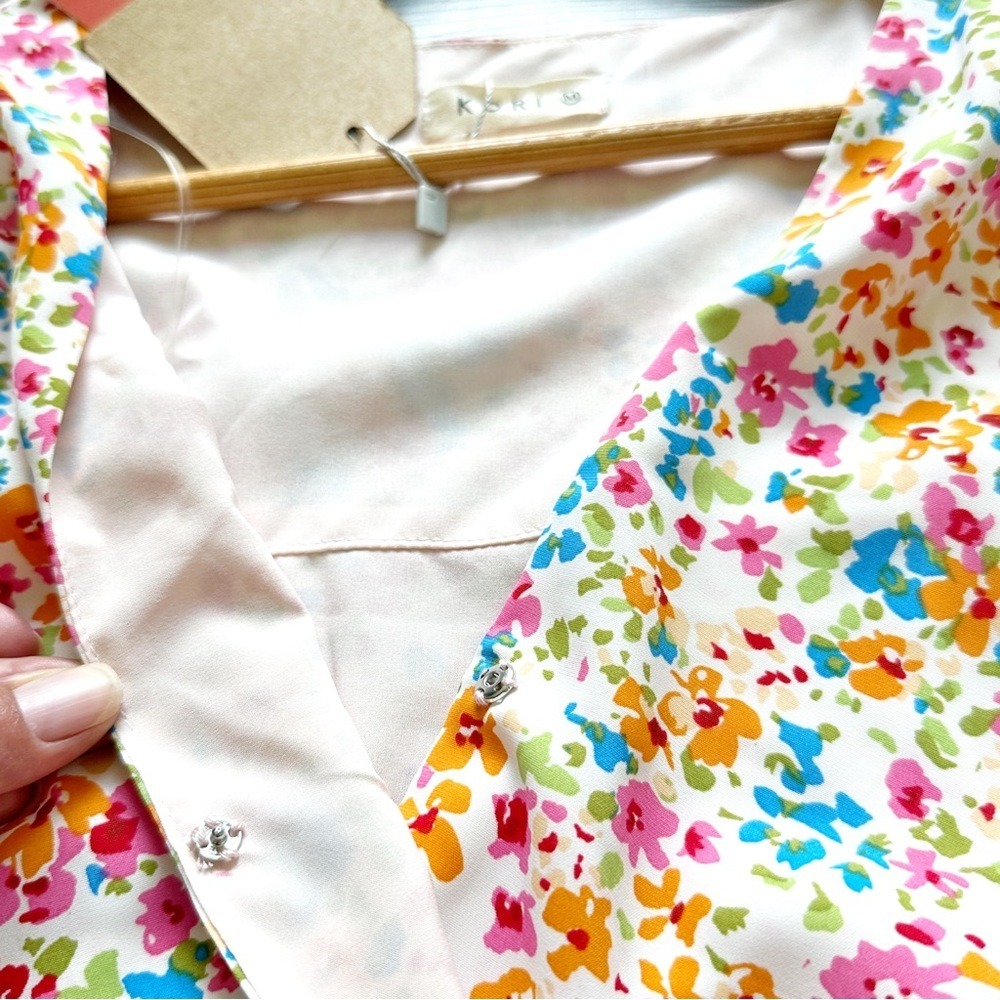 Kori Sage Combo Dress‎ Mini Elastic Shirring V-Neck Sleeveless Lined Floral - Picture 12 of 16